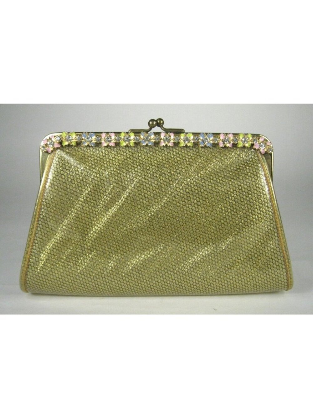 MAXIM Clutch Vinyl Rhinestone Flowers Enamel Kiss Lock Clutch Purse Goldtone